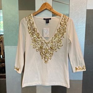 NWT BOSTON PROPER White and Gold Sequin Embellished Women's Long Sleeve Top